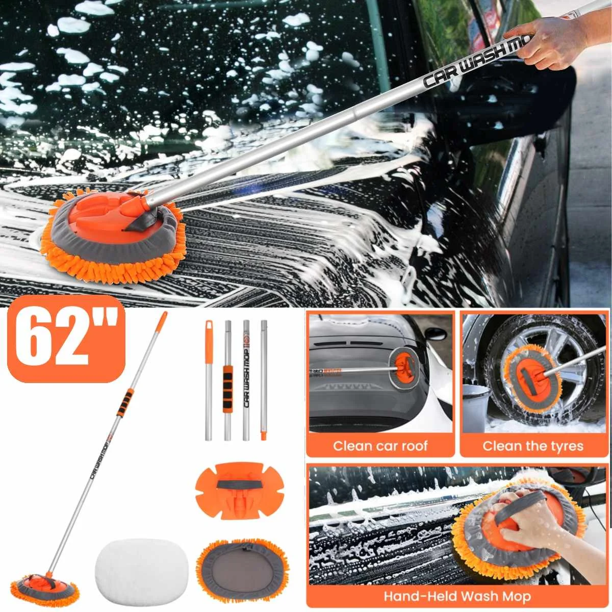 

MATCC 360° Rotation Car Wash Brushes Mop Mitt with Extendable Handle Chenille Microfiber Car Cleaning Tool Car Wash Sponges