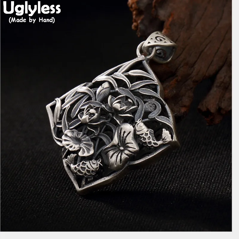 

Uglyless 100% Real 990 Fine Silver Leaves Fish Lotus Pendant Necklaces Thai Silver Ethnic Square Pendants Hollow Rhombus Jewelry