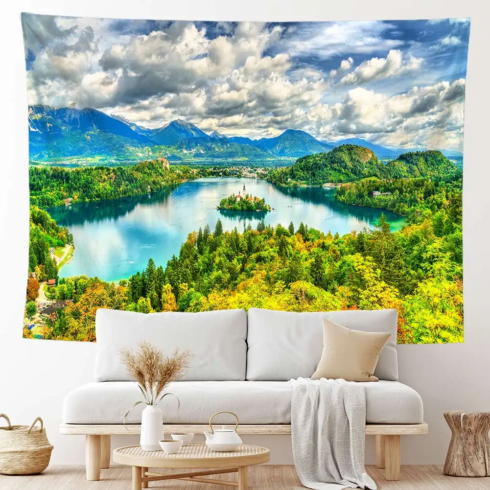 Настенный гобелен с рисунком природного пейзажа леса озера океана пляжное