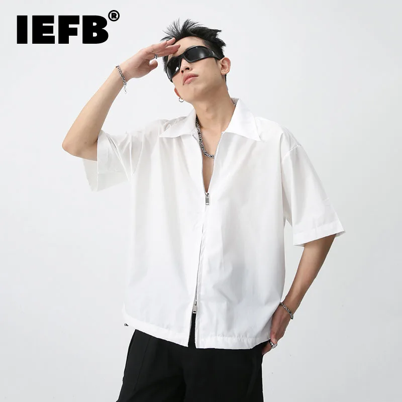 

IEFB Zipper Drawstring Male Short Sleeve Shirt Men's Turn-down Collar Outwear Casual Korean Solid Color 2023 Spring New 9A7770