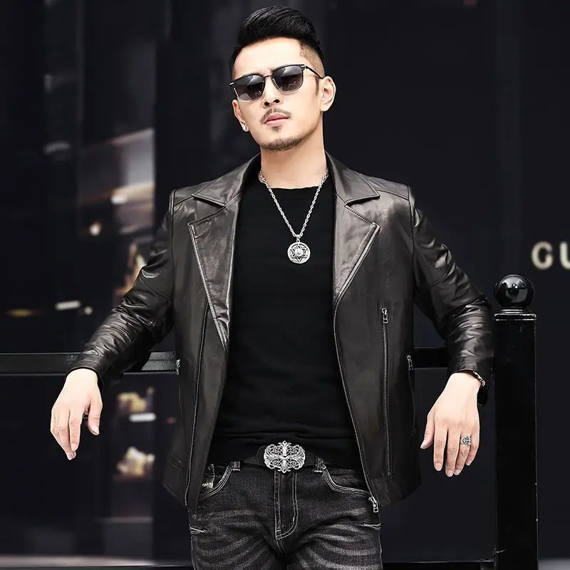 

2022 Fashion New Men's Casual Boutique Suit Leather Jacket Male Solid Color Business Collar PU Blazers Long Sleeve Coat W53
