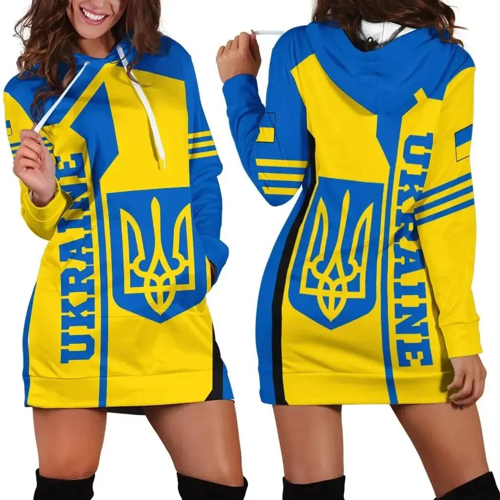

Ukraine Gold Trident Women Hoodie Dress Custom Name Retro Harajuku 3D Printed Flag Pullover Casual Sexy Women Hoodie Dress