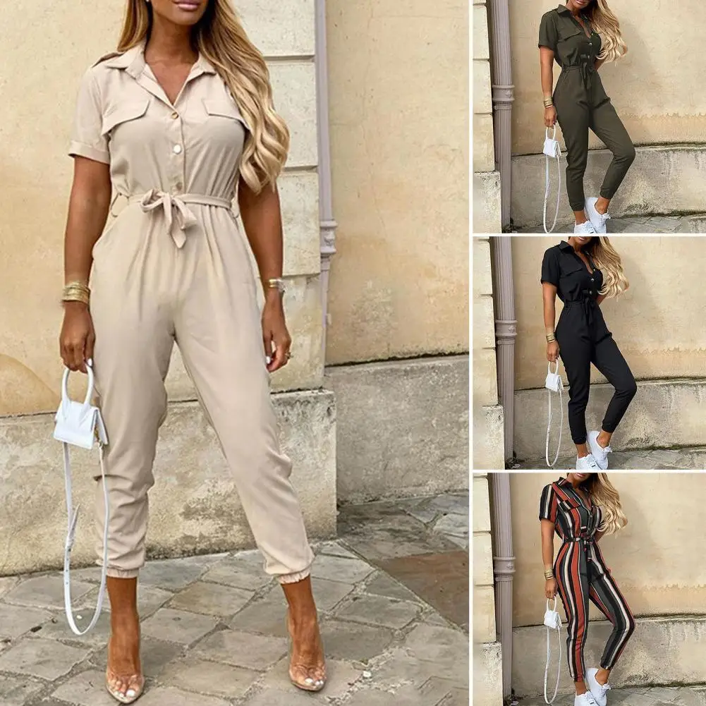 

Women Jumpsuit Solid Color Stripes Short Sleeve Turn Down Collar Slim Romper Overall for Daily Life