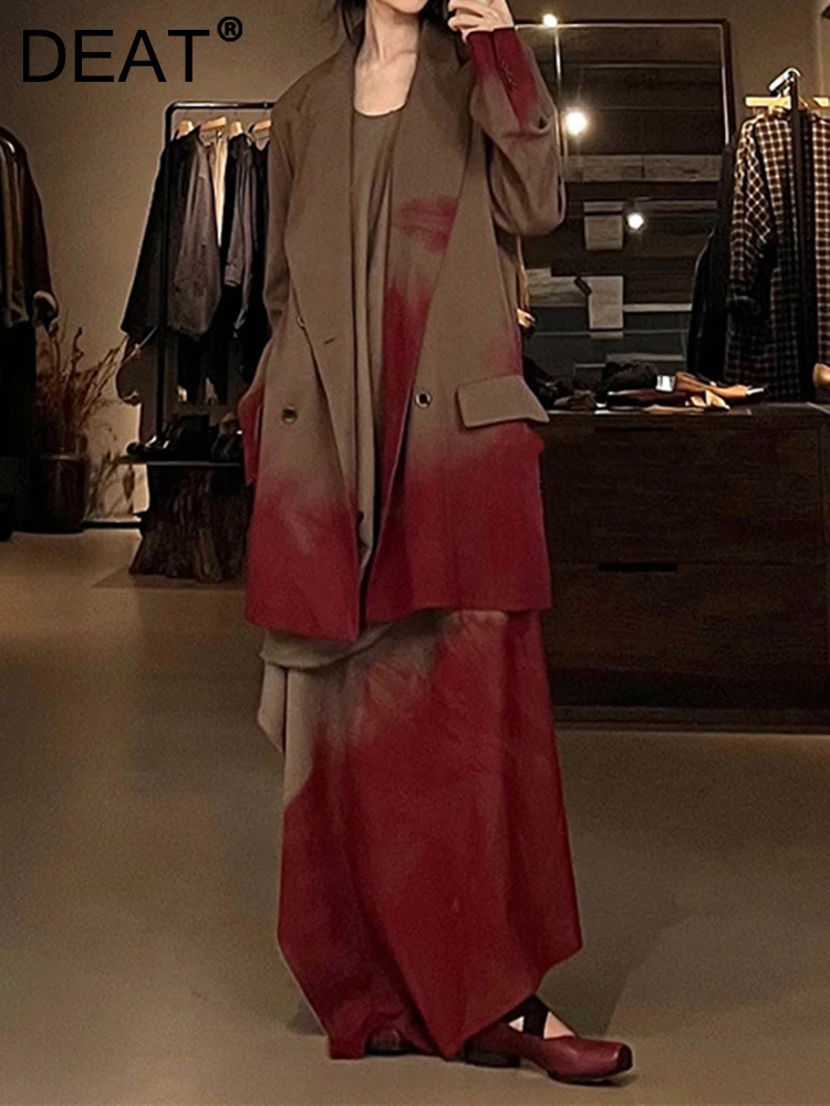 

Женский комплект из двух предметов DEAT, двубортный блейзер с поясом на резинке и юбка с индивидуальным красным принтом, лето 2023