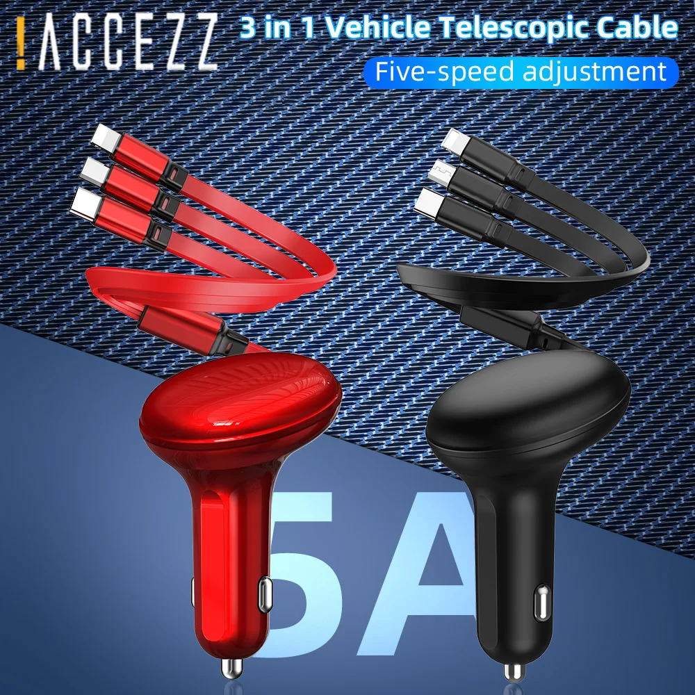 

!ACCEZZ 3 in 1 USB Car Charger Suitable For iPhone 13 Android Phone Type C Micro USB Wire 5A Fast Charging Retractable Cable 1M