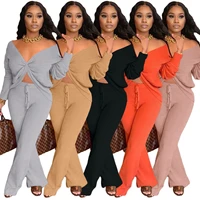 2022 autumn and winter womens wool knitted pit strip personality v neck sexy micro horn suit two piece set