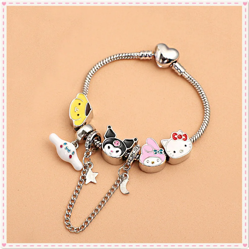 

Sanrio Ornaments Hello Kitty Kuromi Cinnamoroll Fashion Cute Trendy Girl Pandora Bracelet With Chain Alloy Silver Holiday Gifts