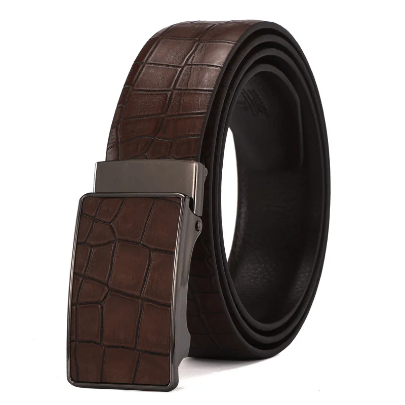 Men's Crocodile Pattern Leather Belt High Quality Square Alloy Automatic Buckle Adjustable Toothless Belt Simple and Stylish