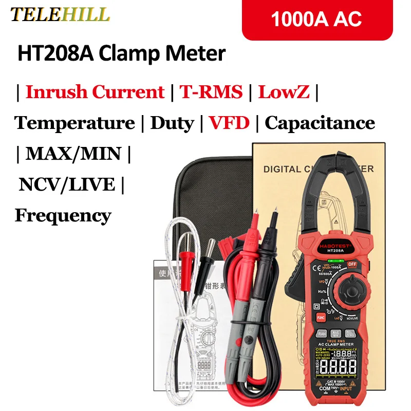 HT208 Digital Clamp Meter 1000A 1000V AC DC Current TrueRMS Pliers Ammeter Voltmeter VFD REL Ohm Capacitor Tester INRUSH Current