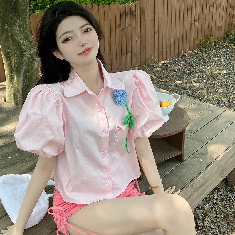 

COIGARSAM Shirt Womens Tops Summer 2022 Cute Floral Puff Sleeve Women Shirts Dropshipping