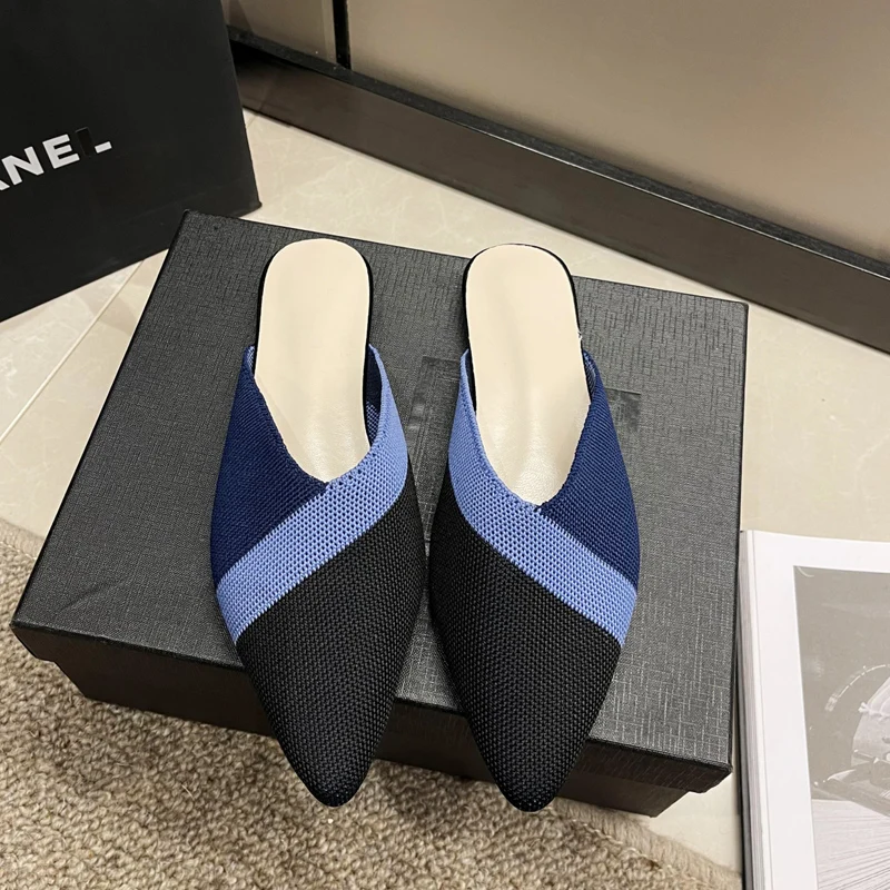 Color Contrast Design  Knitted Mule Shoes Woman Summer Breathable Mesh Slide Sandals Ladies  Pointed Toe Flat Slippers Plus Size