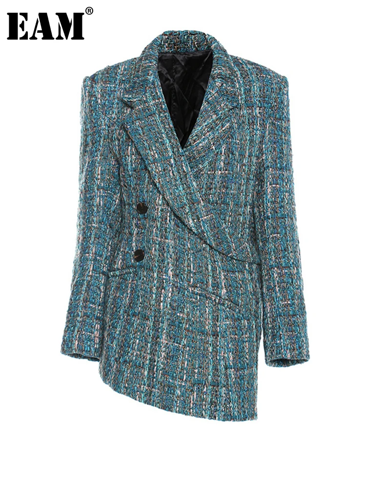 

[EAM] Women Blue Big Size Irregular Warm Tweed Blazer New Notched Long Sleeve Loose Fit Fashion Autumn Winter 2023 1DD2827