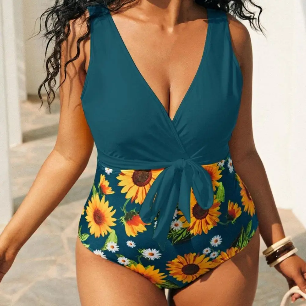 

Новинка 2022, женский купальник с подсолнухами, яркий цветочный принт, консервативные контрастные цвета, летняя одежда для купания, пляжная о...