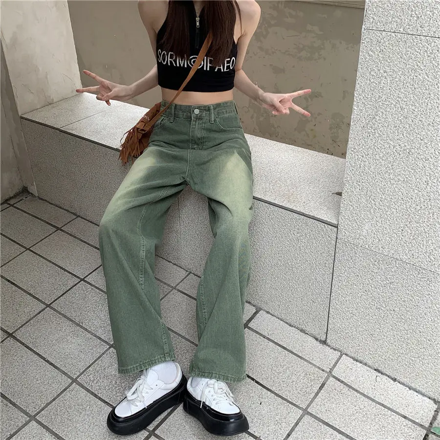 Streetwear Fashion Women Green Jeans Spring Autumn Vintage Versatile Pants New High Waist Wide Leg Loose Female Casual Trousers