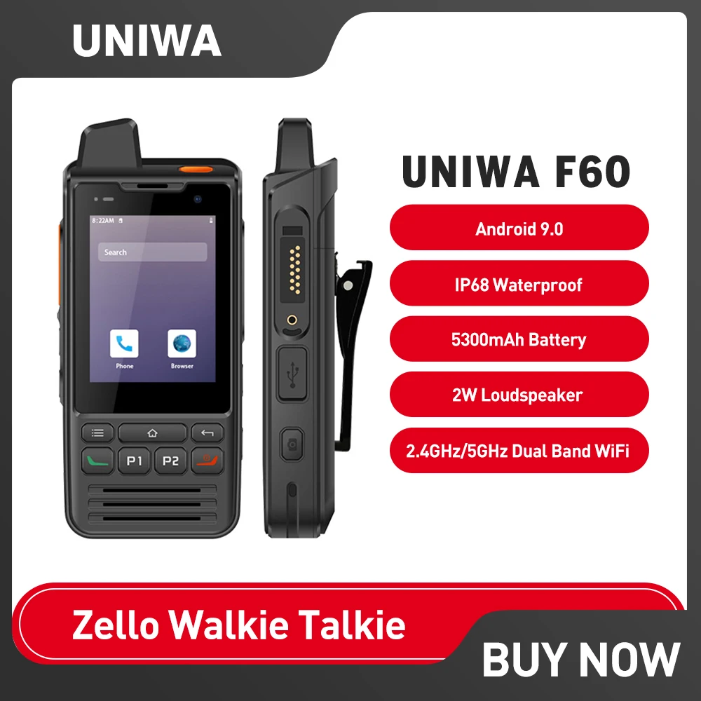 Смартфон-рация UNIWA F60 4G Zello, IP68, Android 9,0, 1 + 8 Гб, сенсорный экран, FM-радио, GPS, SOS