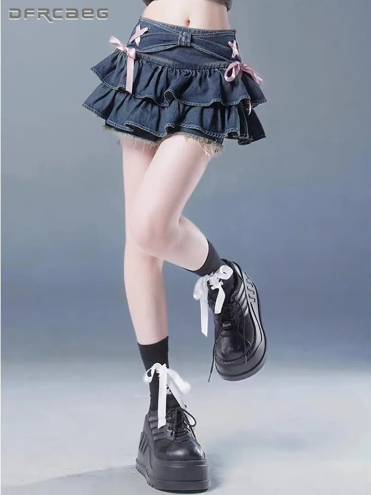 

Женская джинсовая плиссированная юбка, темно-синяя винтажная бальная мини-юбка с завышенной талией и поясом, лето 2023