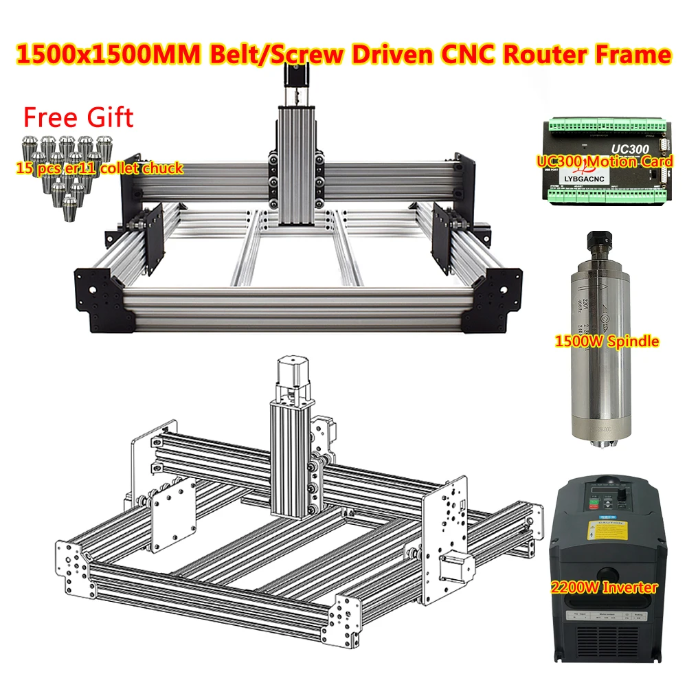 CNC Milling Machine Rack 1500x1500mm CNC Router Framework 100x150CM Engraving Frame with Inverter Spindle Driver Kits for Wood