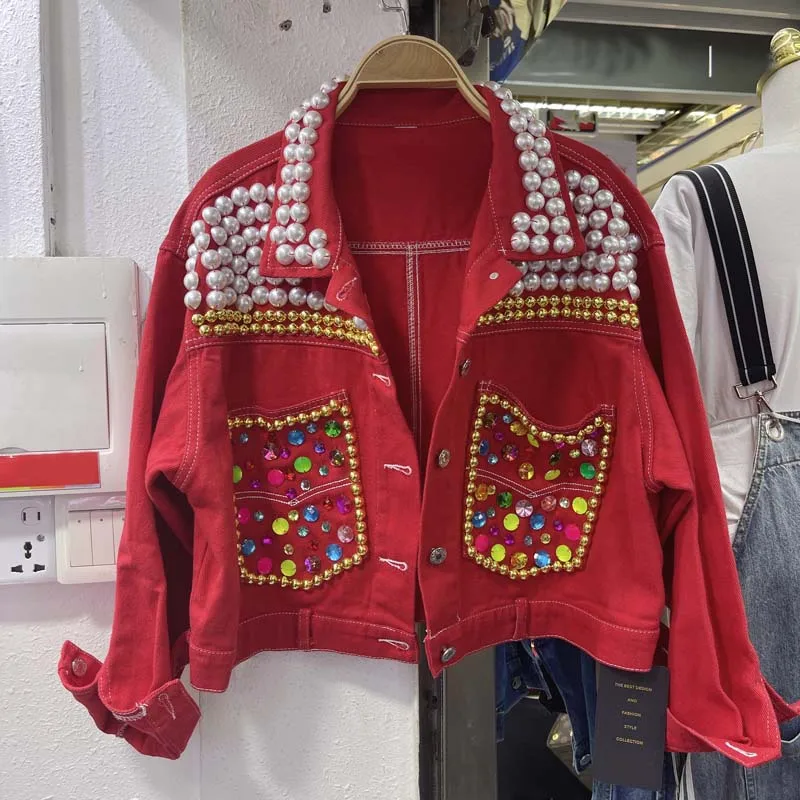 Heavy Diamond Denim Jacket Women Fashion Street Red Jackets Single-breasted Long Sleeve Jacket Sacos De Mujer De Vestir Abrigo