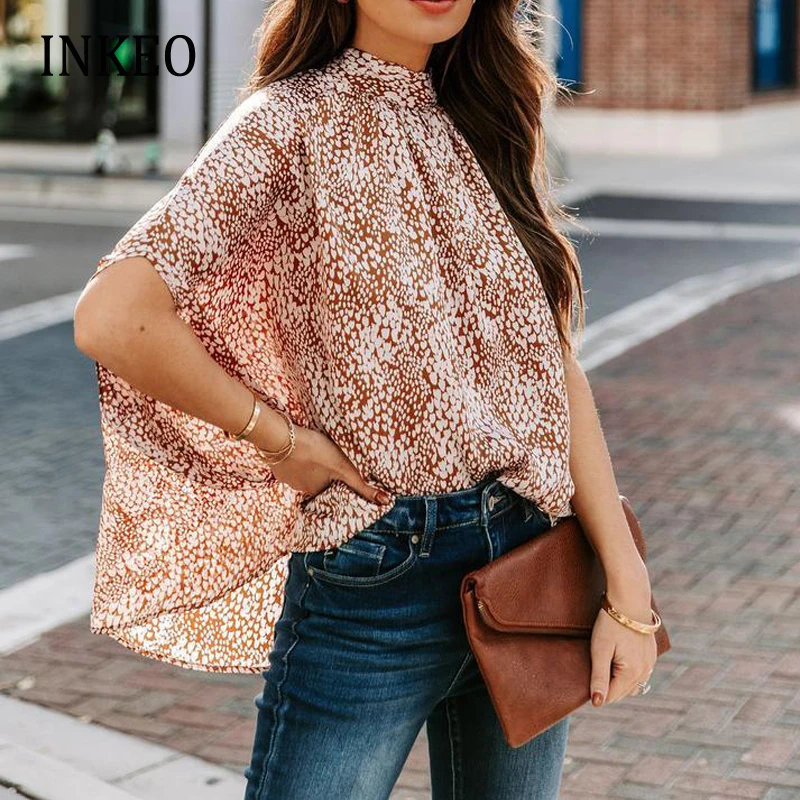 

Casual Half high collar Print Blouse Women 2022 Summer Fashion Beach Batwing sleeve Oversized shirt Ladies Clothing INKEO 2T053