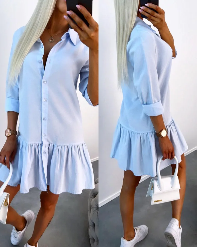 

Long Sleeve Buttoned Ruffle Hem Shirt Dress Women Summer Spring Solid Color Single Breasted Mini Dress Sexy