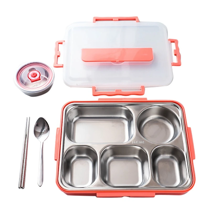 

5 Compartments Lunch Box Stainless Steel Leak-Proof Large Bento Boxes Soup Container School Dinnerware