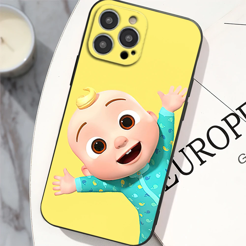 Cartoon C-CoComelons Phone Case for iPhone 12 11 13 14 15 16 Max Pro Plus Black Soft Silicone Cover