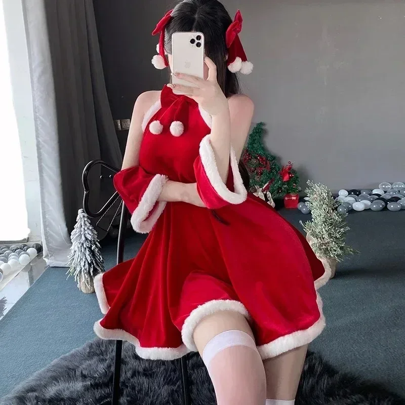 

Red Velvet Christmas Dress for Women Halloween New Year's Party Cosplay Costume Cute Maide Uniform Princess Dresses Female 2024