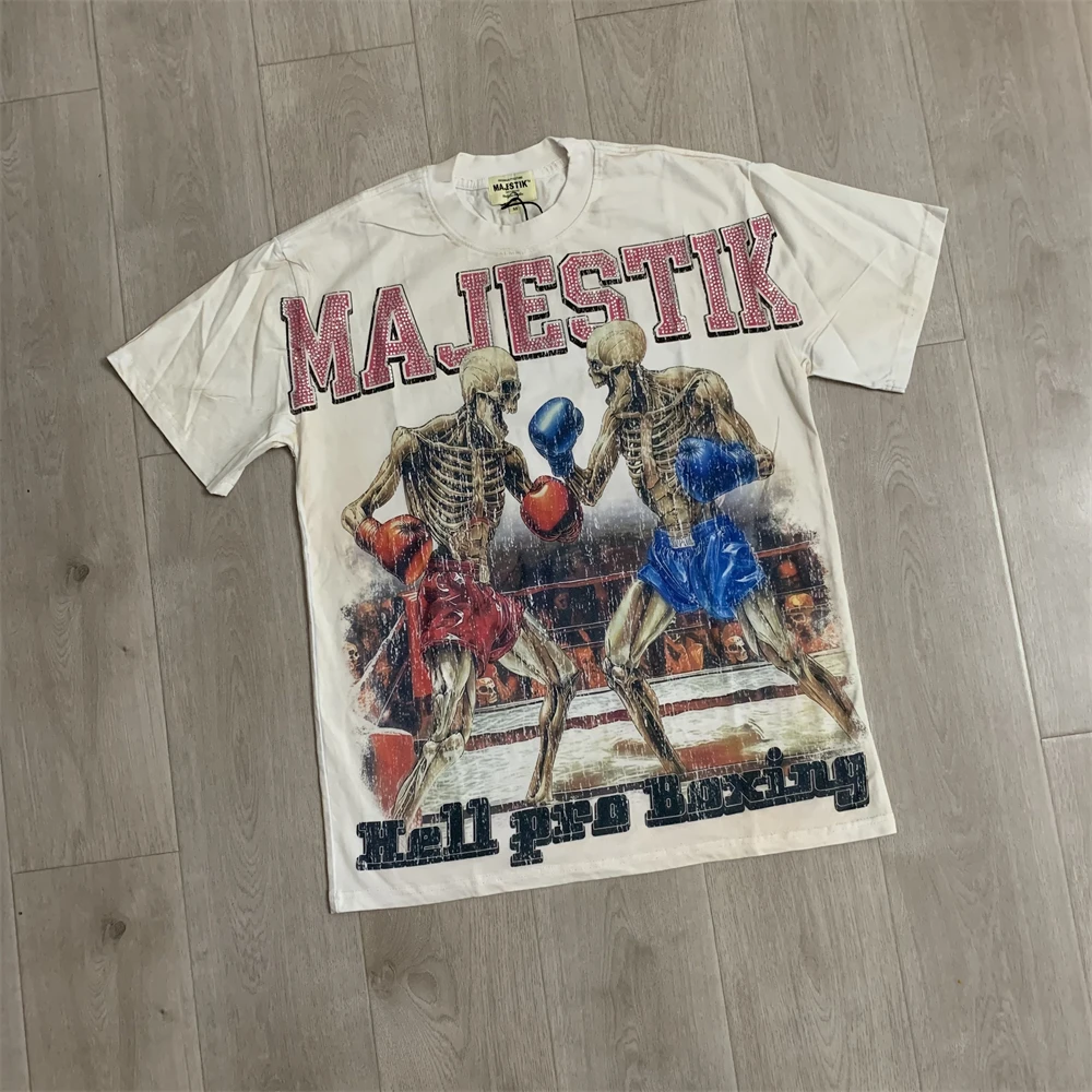 Фото Футболка Apricot Majestik Tee 2026 с принтом Skeleton Boxing Match для мужчин и женщин, лучшее качество, из плотной ткани, топы, футболки №2