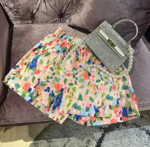 Floral Casual Short Pants Women's Summer 2023 New Beach Shorts High Waist Slimming Wide Leg Versatile Design Color Hot Pants