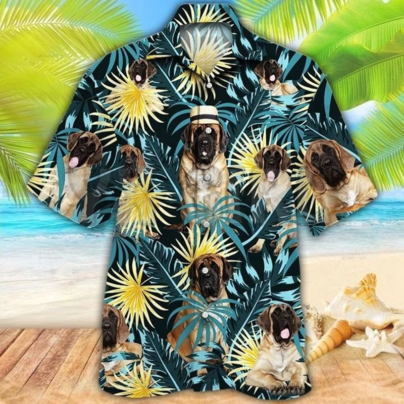 English Mastiff Blue And Yellow Plants 3D All Over Printed Hawaiian Shirt Men's For Women's Harajuku Casual Shirt Unisex
