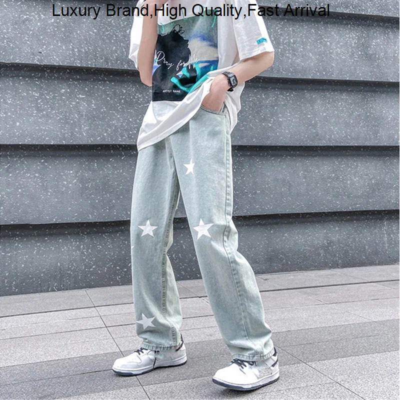 

Y2K мужская одежда с принтом звезд, женские повседневные джинсовые прямые брюки, широкие брюки, мешковатые джинсы для мужчин