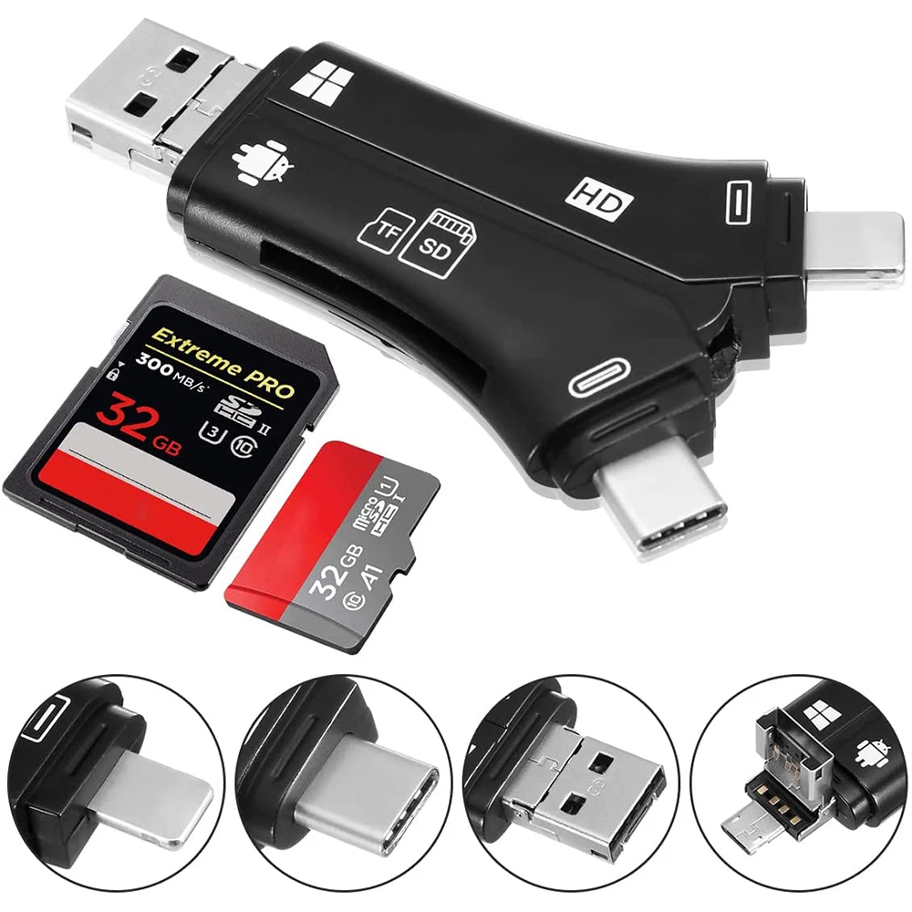 SD/TF Card Reader 4 in 1 Memory Camera Card Reader Adapter with Type-C Connector USB2.0 USB OTG for iPhone/iPad/Android/MacBook