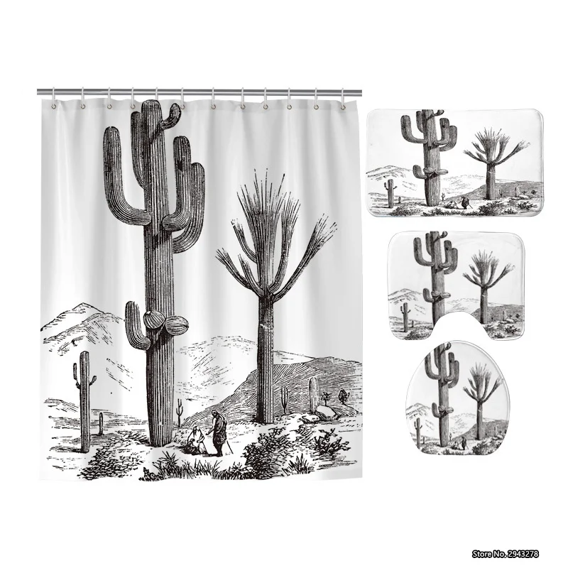 

Модная Водонепроницаемая душевая занавеска С 3D-принтом кактуса сливы лаванды, с защитой от плесени, нескользящий коврик для ванной