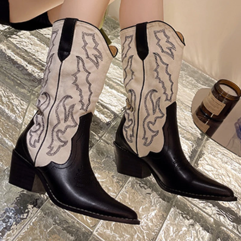 

Women Western Cowboy Boots Embroidered Pointes Toe Non-slip Leather High Heels Chunky Heel Hiking Shoes Botas Plataforma Mujer