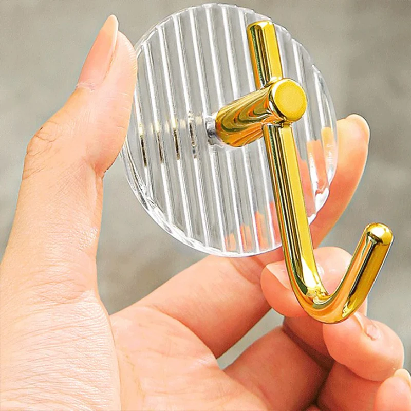 5pcs Acrylic Bathroom Hooks Clear Gold Wall Hook Key Bag Clothes Holders Punch-free Ganchos Home Organization Storage Tool images - 6