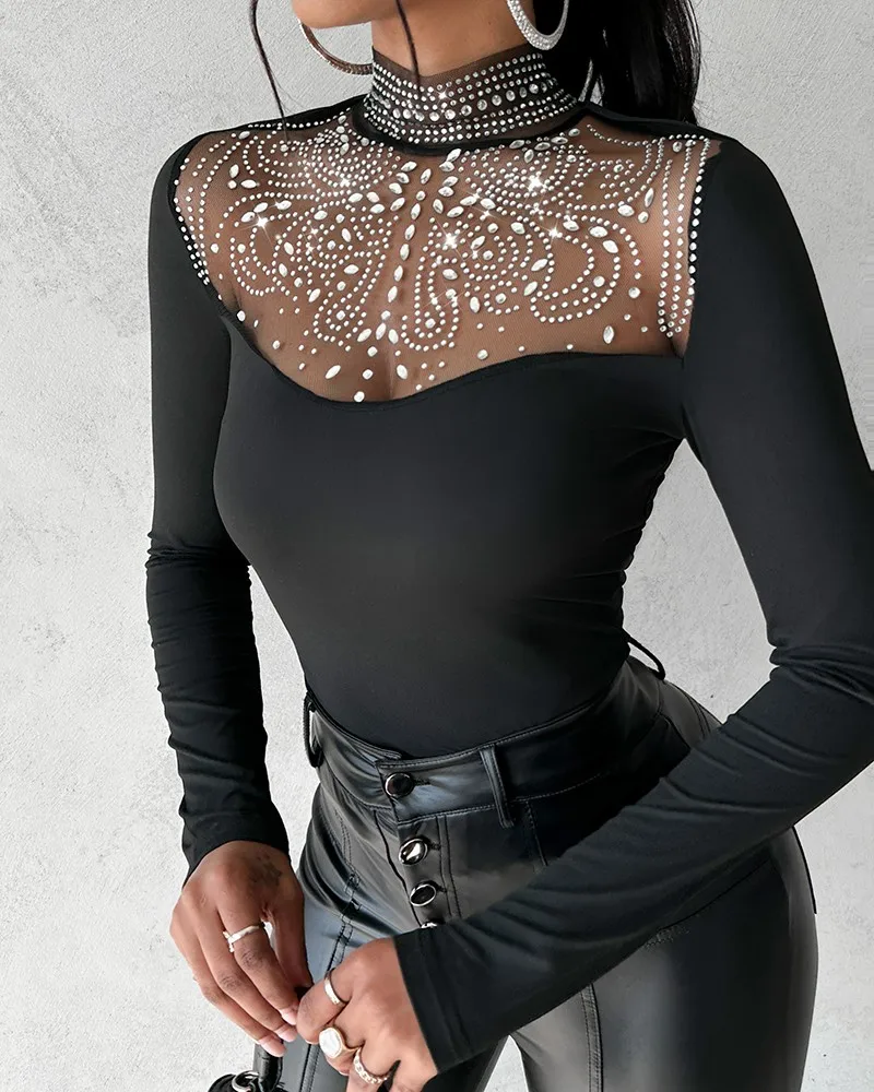 

Spring Black T-Shirts Sexy Rhinestone Decor Contrast Mesh Long Sleeve Women Top