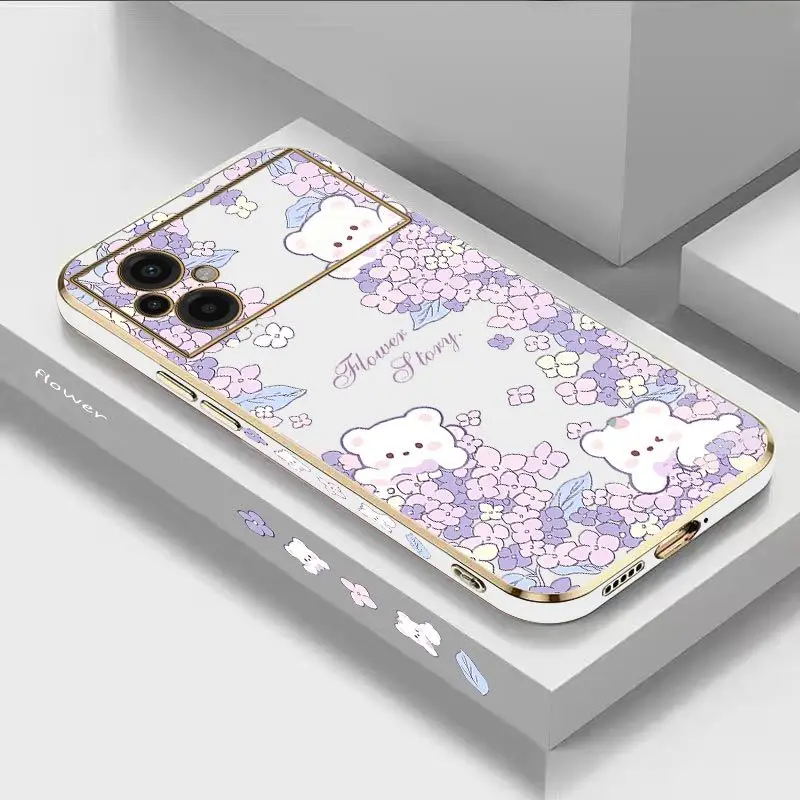

Flower Bush Bear Luxury Plating Phone Case For Xiaomi Poco M5 F4 F4 GT X4 X4 GT M4 Pro F3 X3 M3 X3 NFC X2 X3 Pro C40 Cover