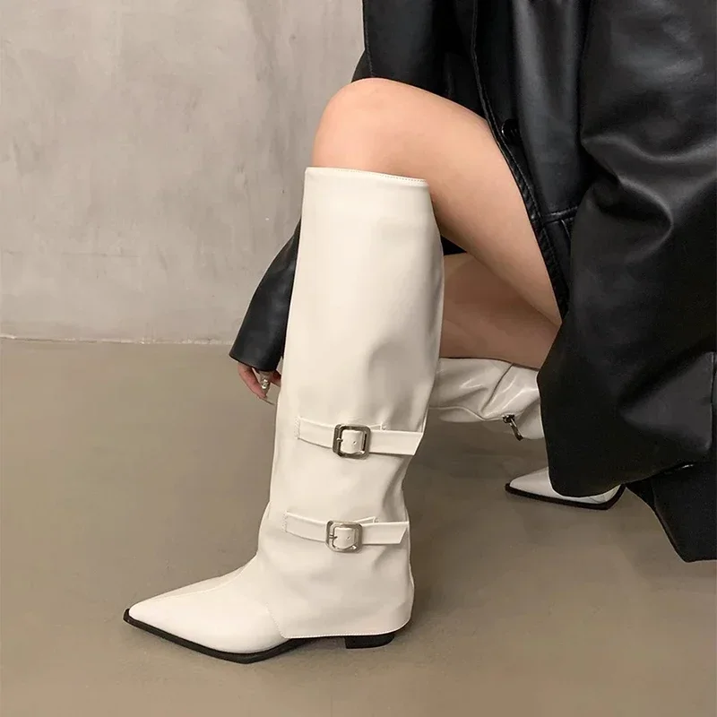 Женские ботинки челси с острым носком сапоги до колена на среднем каблуке зимняя