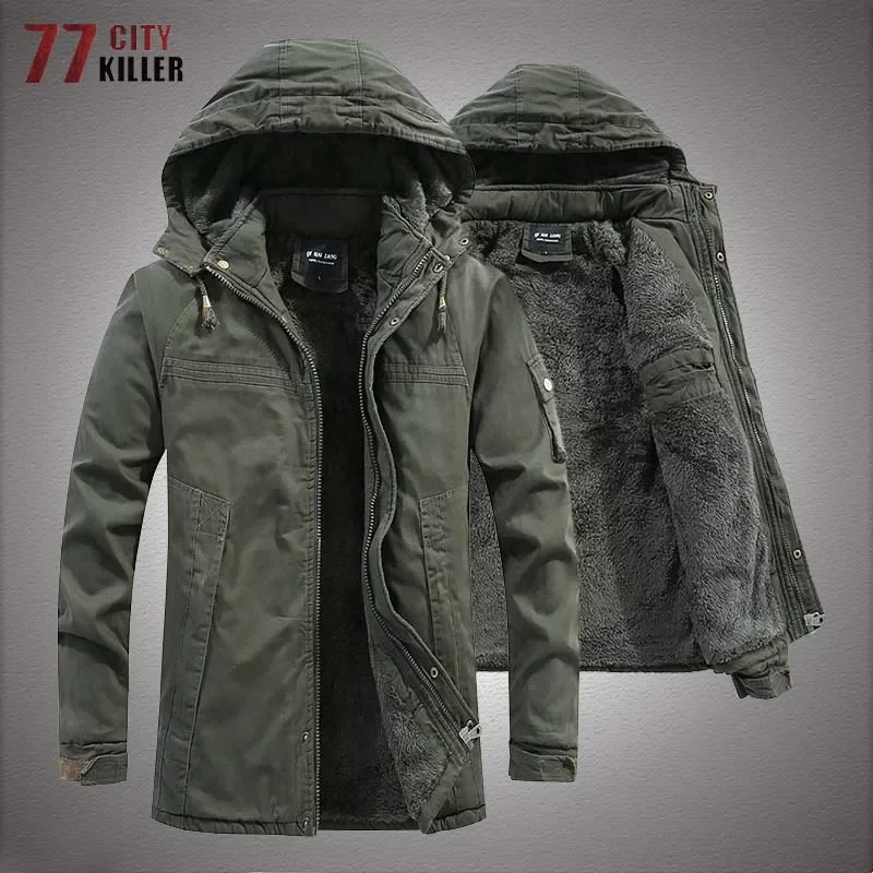 2022NEW Mid-length Jackets Men Military Fur Lined Thicken Warm Windbreaker Coats Mens High Quality Outdoor Tactical Parka Outwea
