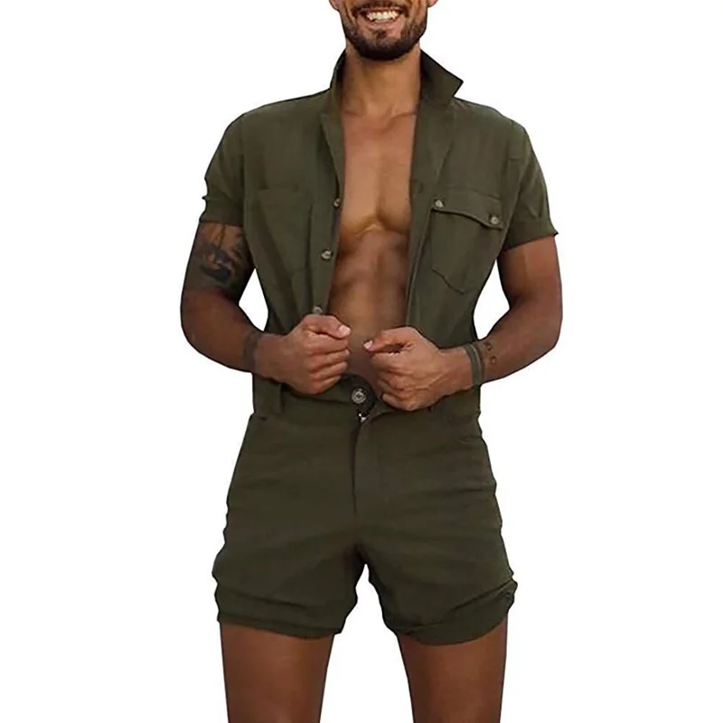 

TPJB New Men Overalls Casual Lapel Short Sleeve Sets Rompers Solid One-Piece Buttons Jumpsuit Pocket Summer Clothes Male Beach