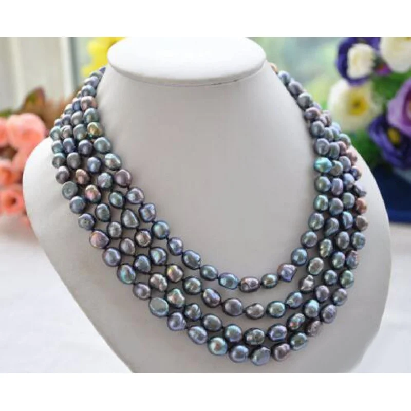 

Long 60"; NATURE 8-10MM BLACK BAROQUE freshwater pearl necklace Fine jewelry