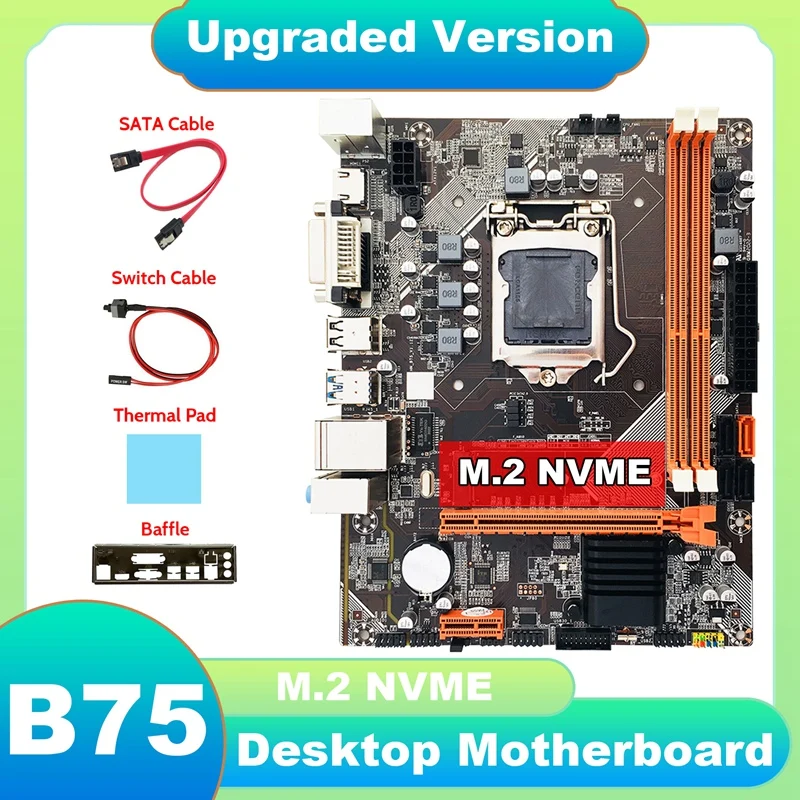

Материнская плата B75 + кабель SATA + кабель переключателя + термоподушка + перегородка NVME LGA 1155 десктопная материнская плата для процессора I3 I5