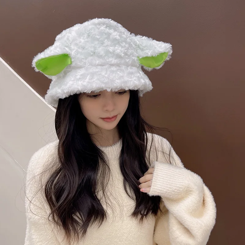 

Fashion Sheep Hat Cute Plush Lamb Ears Women's Warm Bucket Hat Autumn and Winter Fisherman Hat New Fashion Green Hat