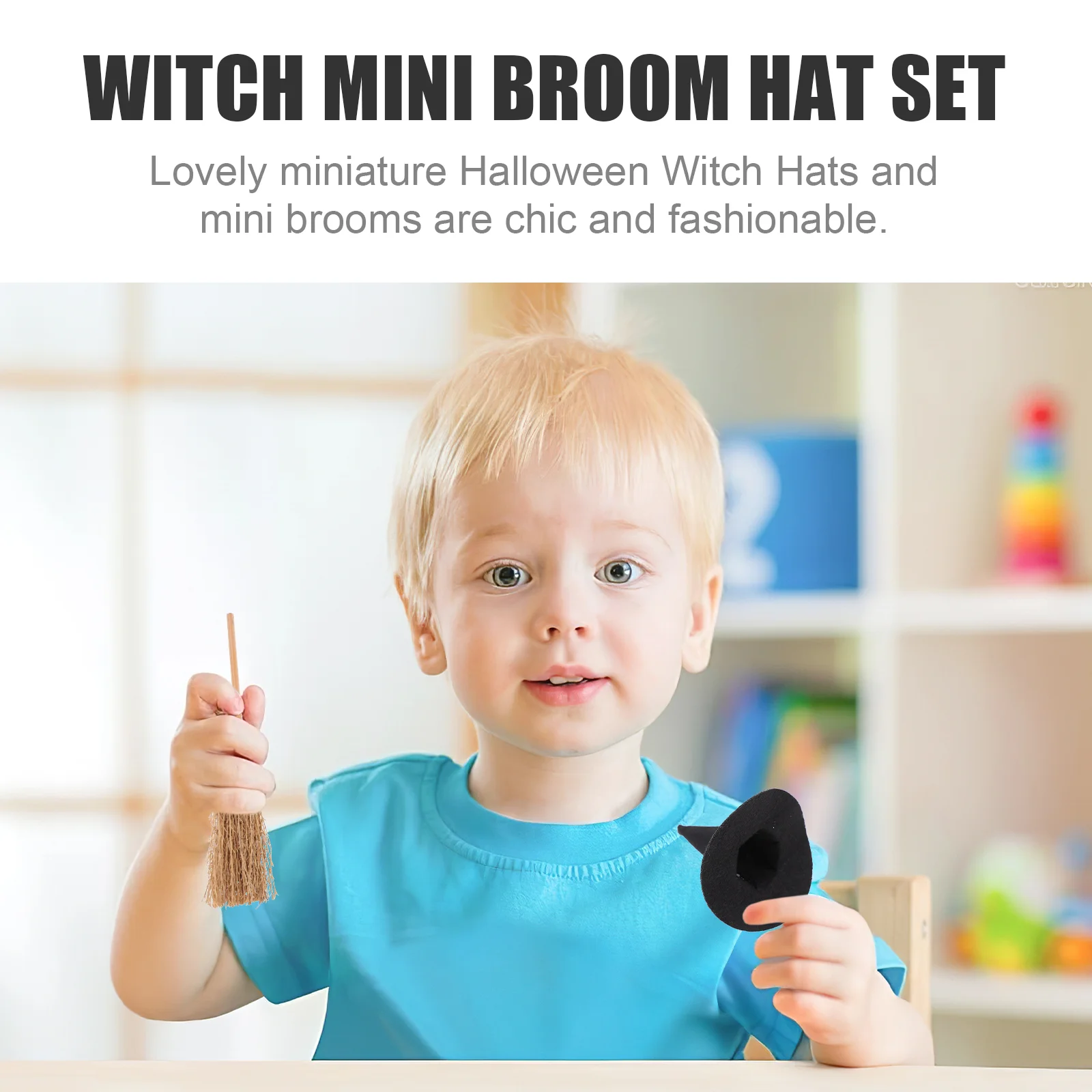 7 Set Halloween Felt Witch Hat Brooms Tiny Decorations Mini Hats for Drinks Miniature Wooden Party Child Ornament