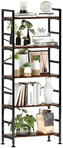 Tall Bookcase, Rustic Wood and Metal Standing Bookshelf, Ind