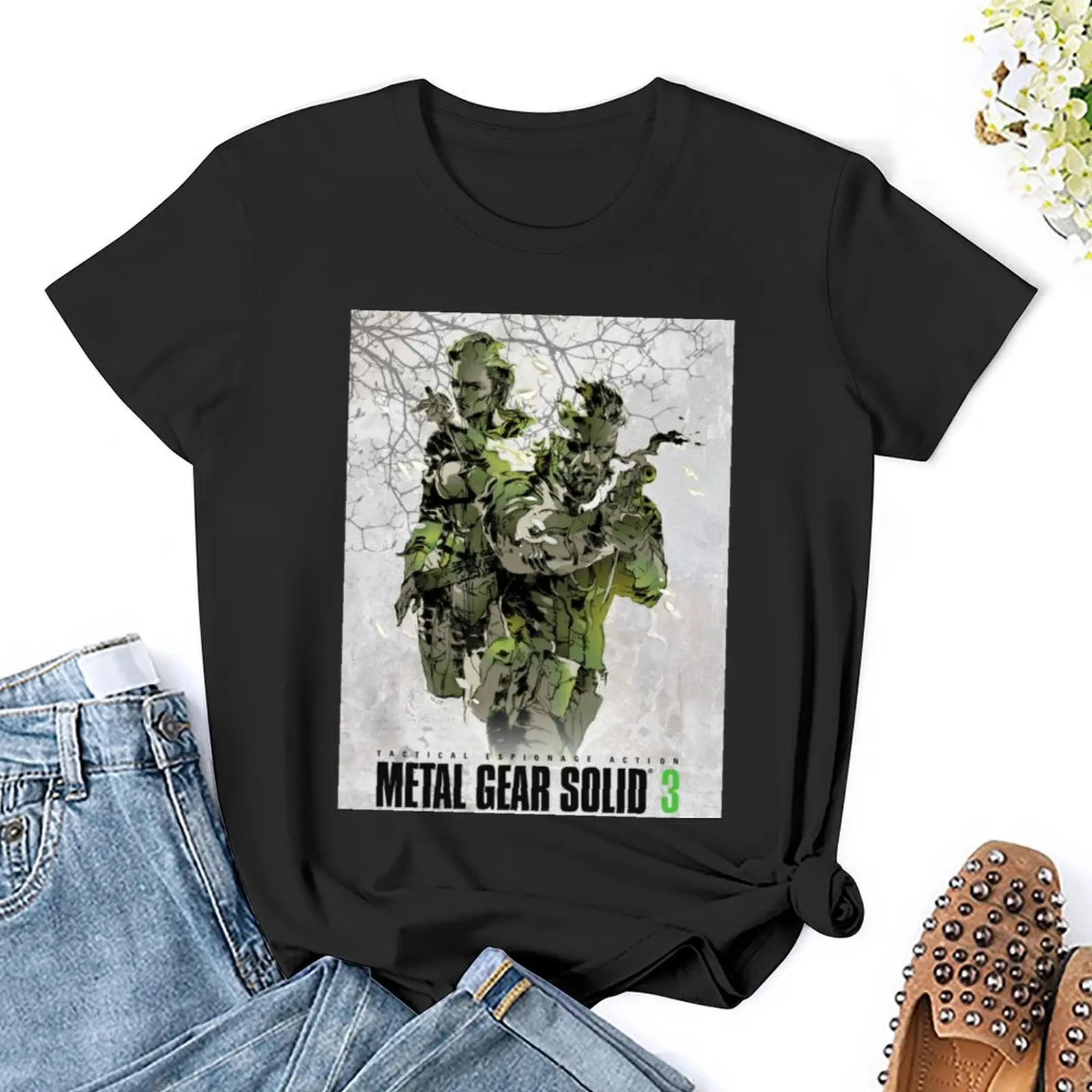 Футболка женская однотонная с 3 плакатами и металлическим снаряжением