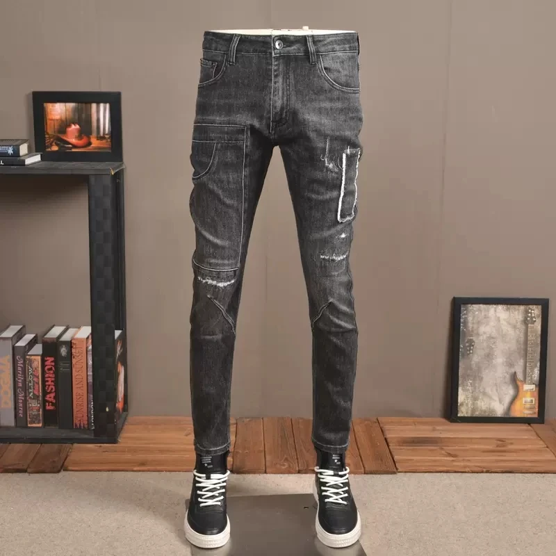 Fashion Streetwear Men Jeans Retro Black Gray Stretch Slim Fit Ripped Jeans Men Patched Pocket Designer Hip Hop Pants Hombre