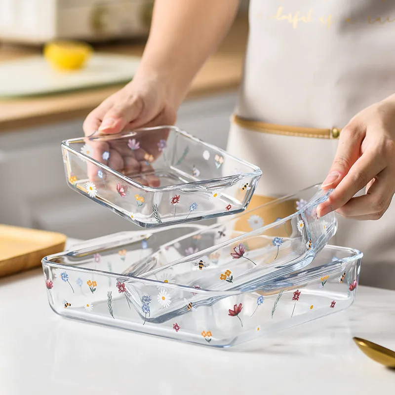 

INS Glass Binaural Baking Dish Transparent Dessert Steak Plate Rectangle Comal Microwave Oven Safe