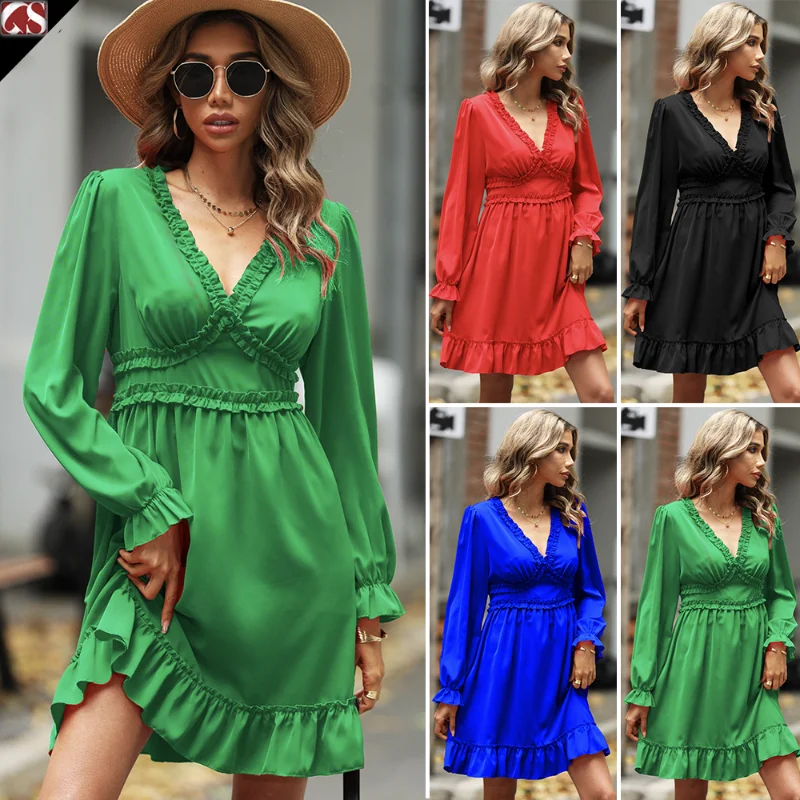 

TSTCTB Ruffled Casual Dress V-neck Women High Waist Elegant Long Sleeve A-line Dresses Solid Color Autumn Fashion Slim Fit Dress