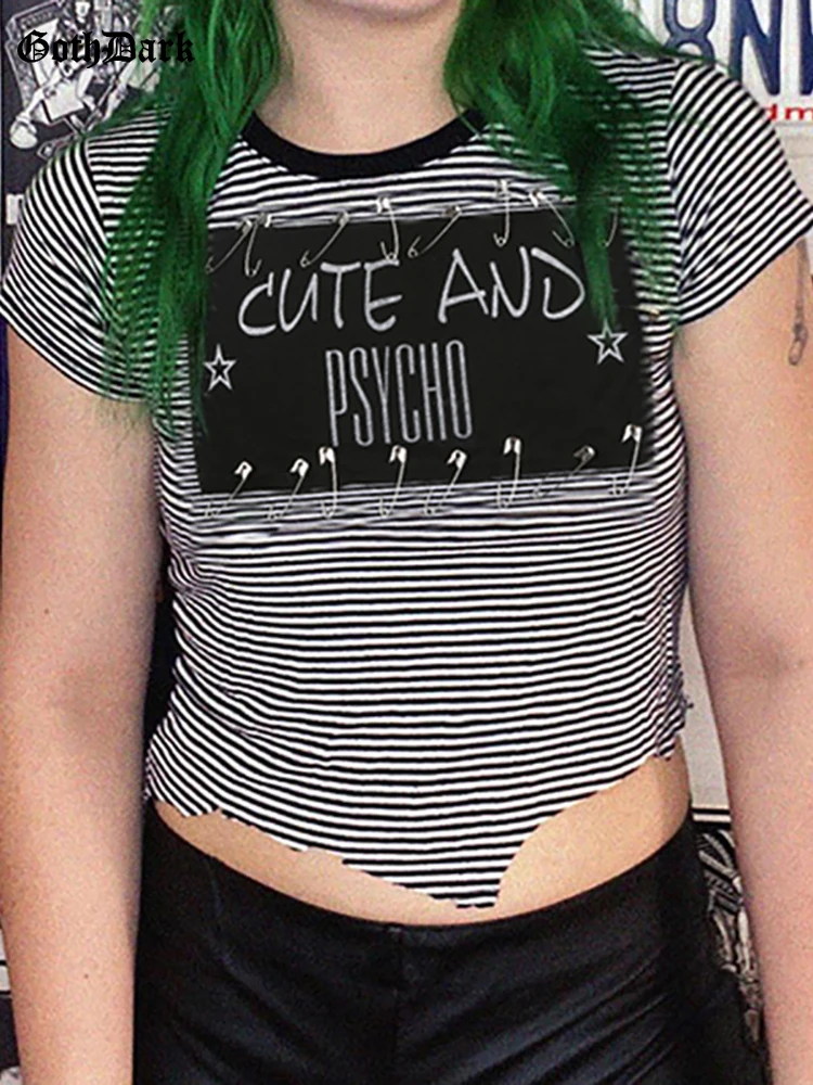 

Goth Dark Striped Gothic Aesthetic Women Crop Tops Grunge Pin Patchwork Bodycon T-shirts Y2k Summer Streetwear 2022 Alt Clothes